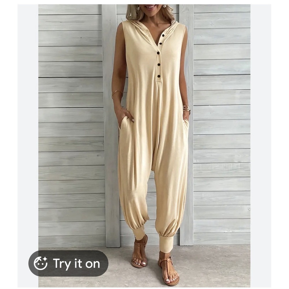 Women Small Sleeveless Hooded Romper Jumpsuit Harem Pants Cuffed Ankles Beige